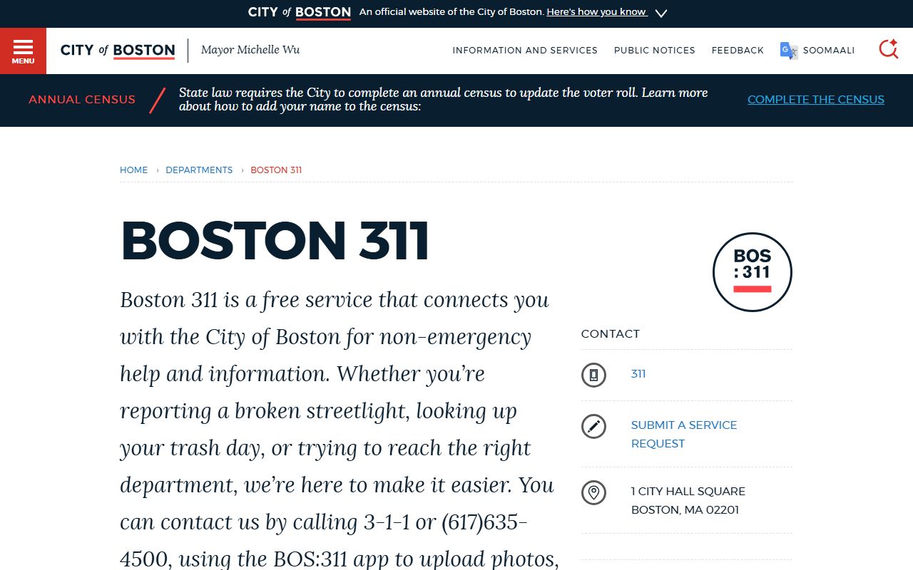 Boston 311 services phone directory page