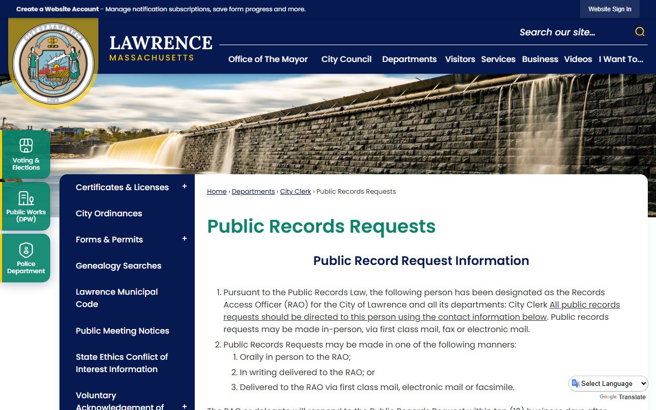 Lawrence public records request page for phone directory