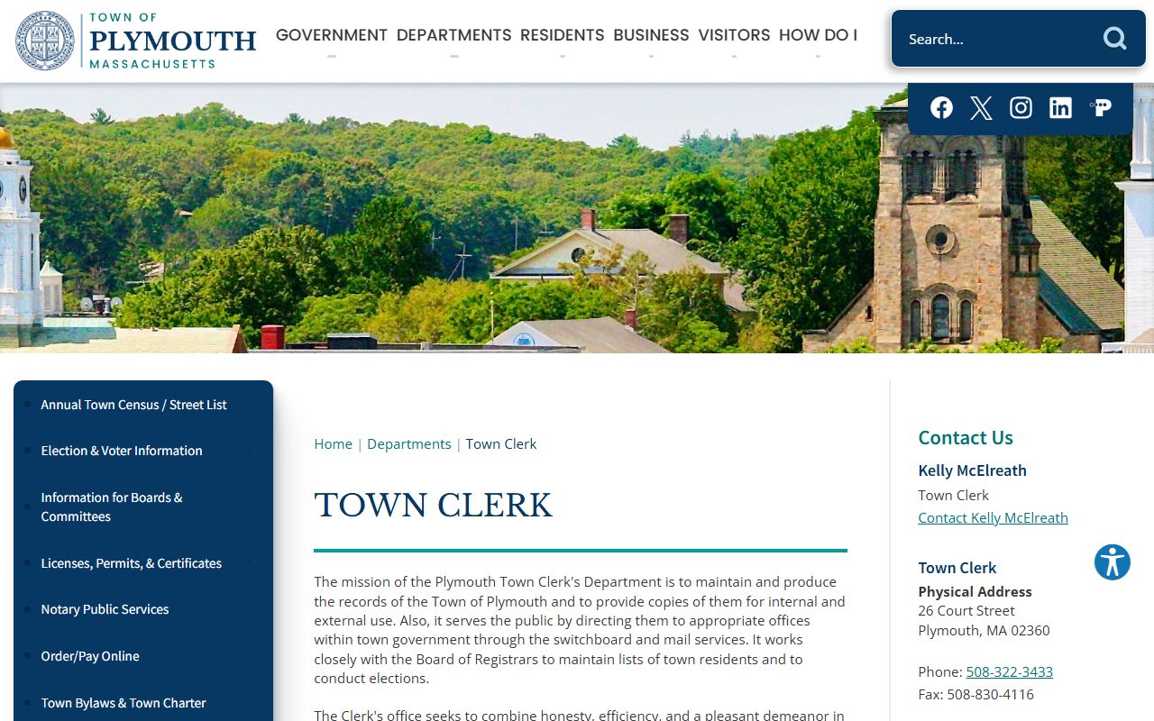 Plymouth town clerk page phone directory contacts