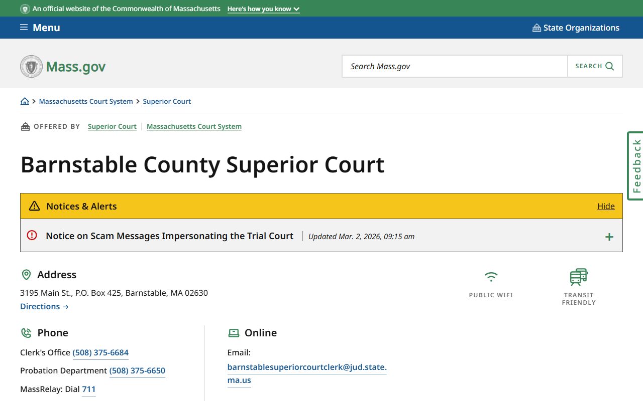 Barnstable County Superior Court phone directory listing