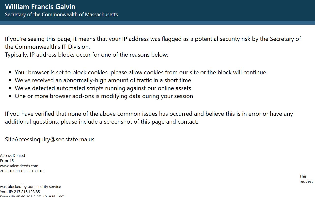 Essex South Registry of Deeds phone directory Salem office