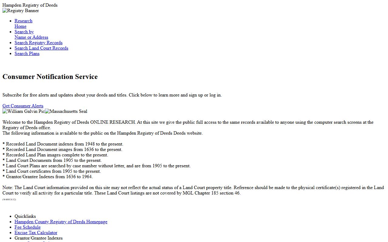 Hampden County Registry of Deeds phone directory and search portal