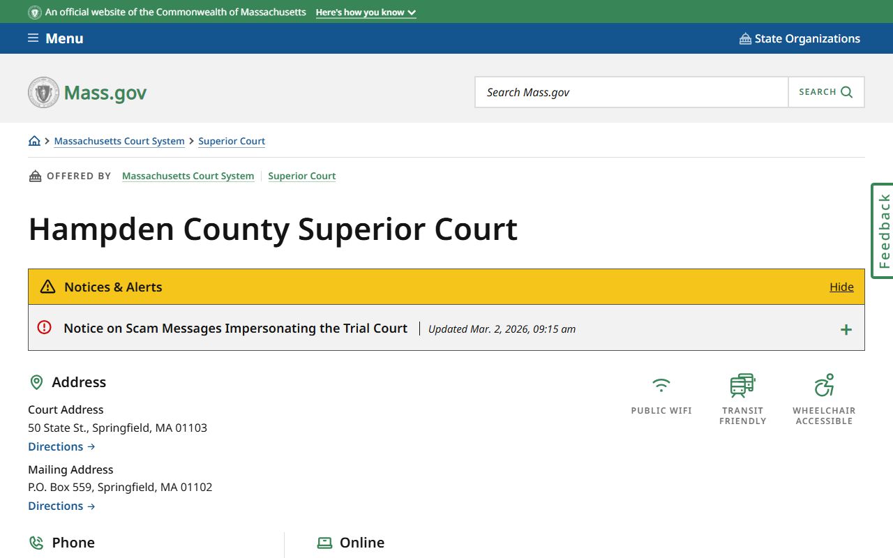 Hampden County Superior Court phone directory listing