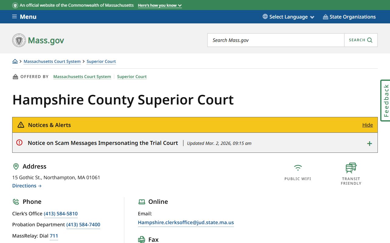 Hampshire Superior Court phone directory listing