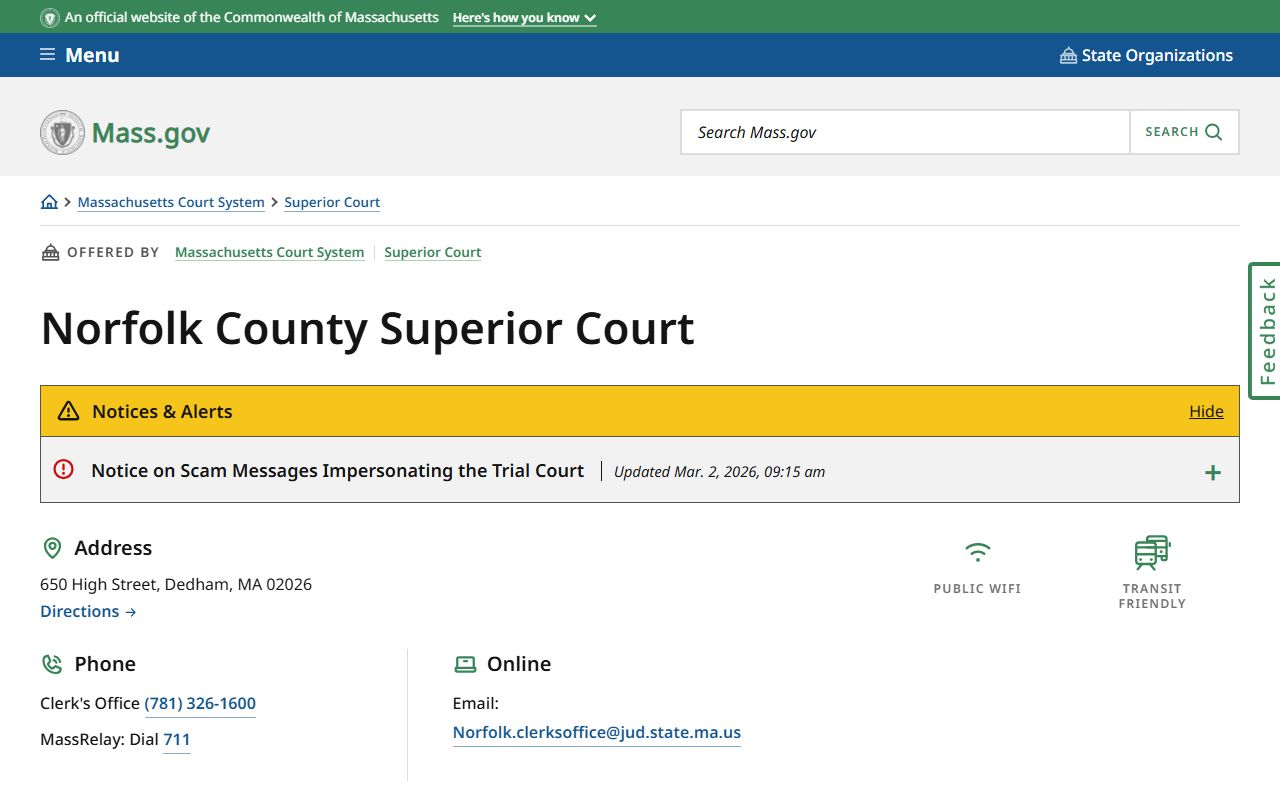 Norfolk County Superior Court phone directory and contact page
