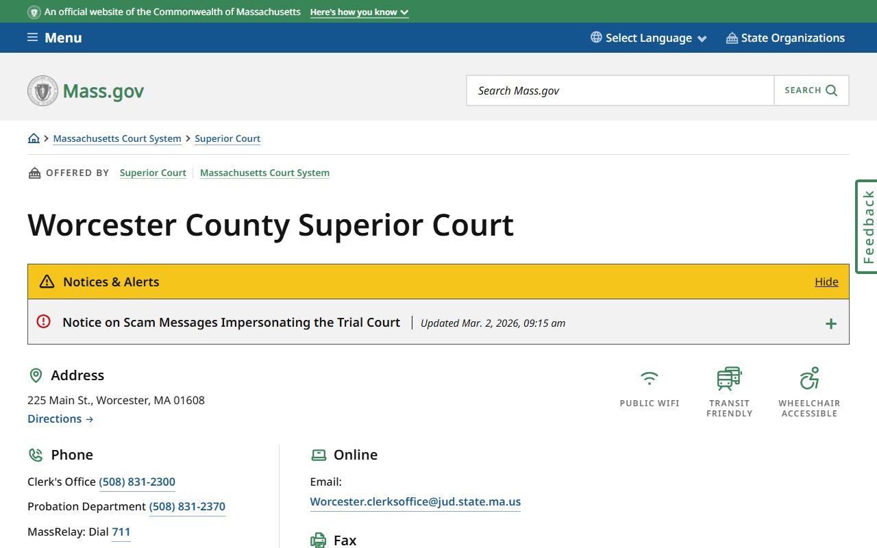 Worcester County Superior Court phone directory contact page