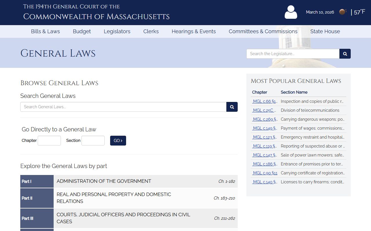 Massachusetts General Laws phone directory reference