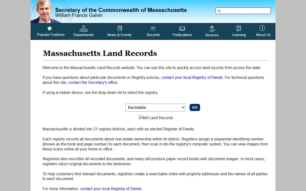 Massachusetts Land Records search portal phone directory