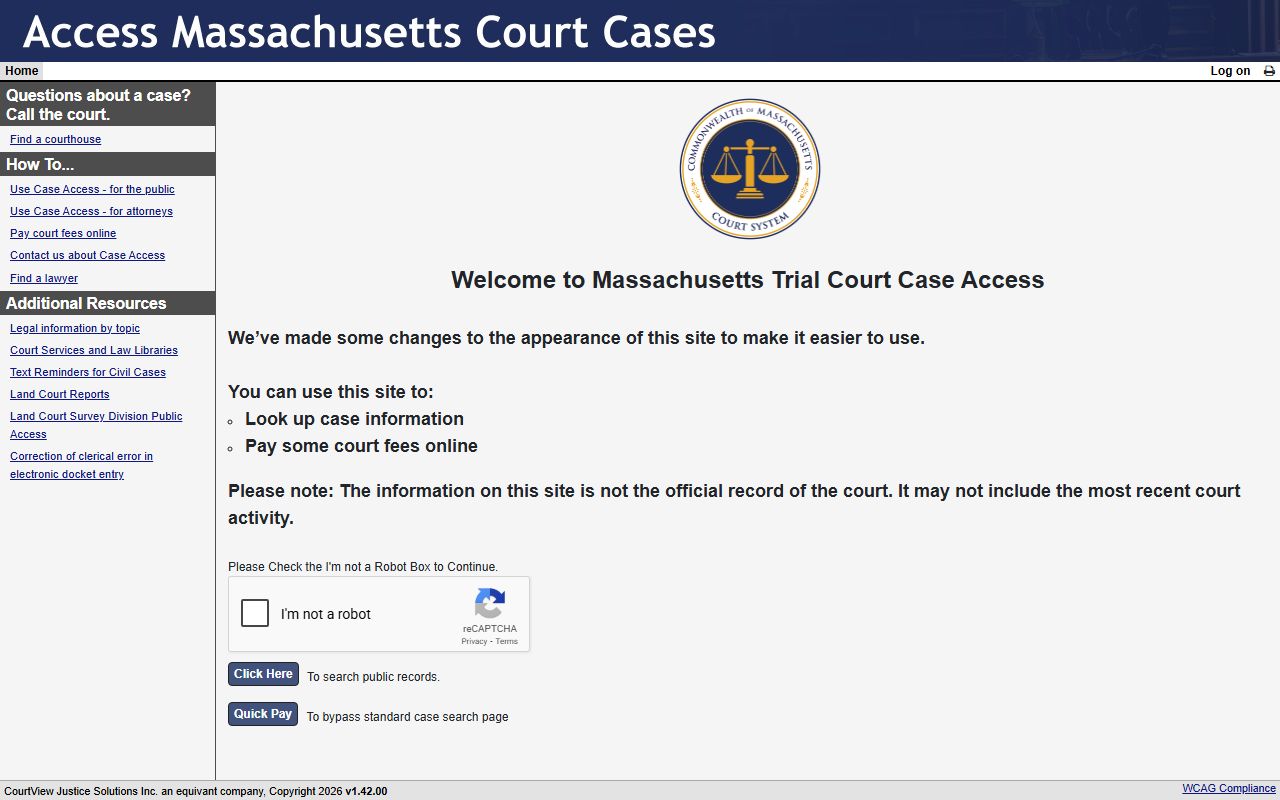 MassCourts case search portal for Massachusetts phone directory